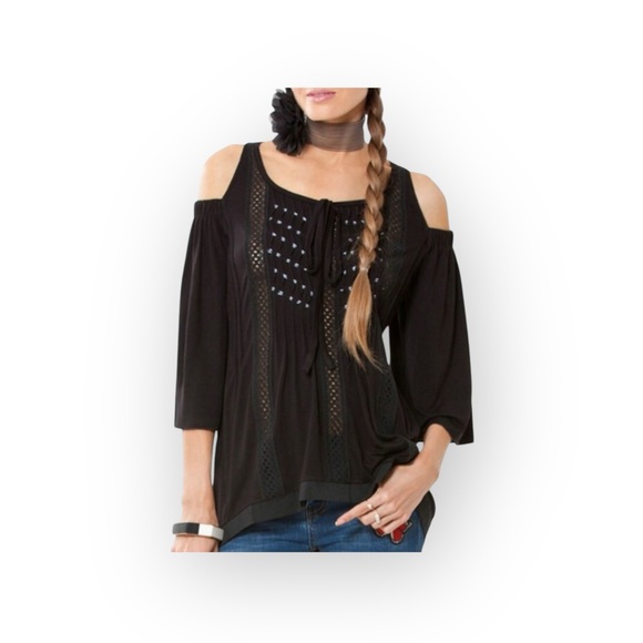 new Hale Bob 𖣔 Shaina Silk Cold Shoulder Cut Out Top 𖣔 Black XS 𖣔 - Picture 3 of 14